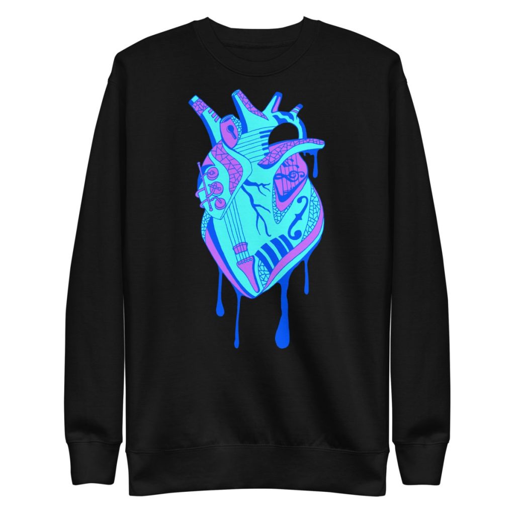 Crewneck sweatshirt featuring hand-drawn heart design inspired by musical instrument art