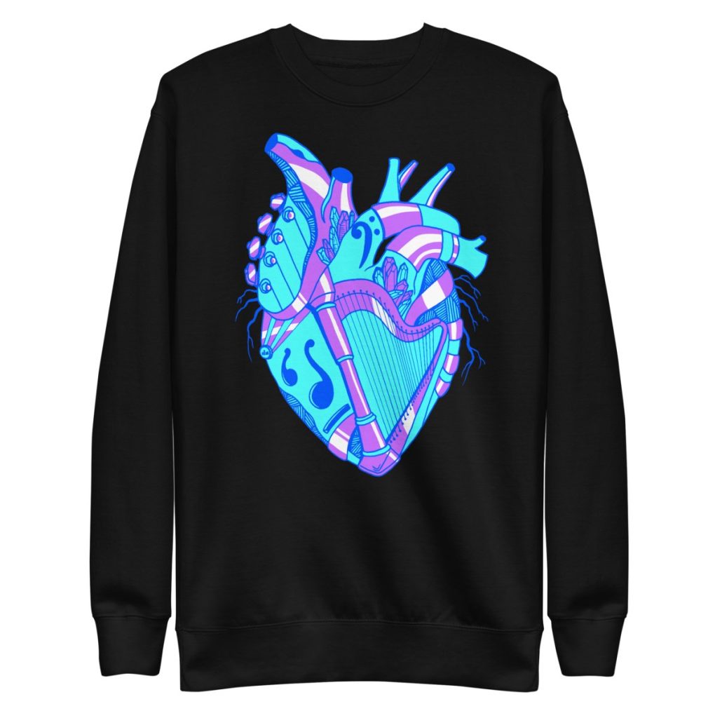 Blue heart graphic sweatshirt with bold musical instrument art in cool tones