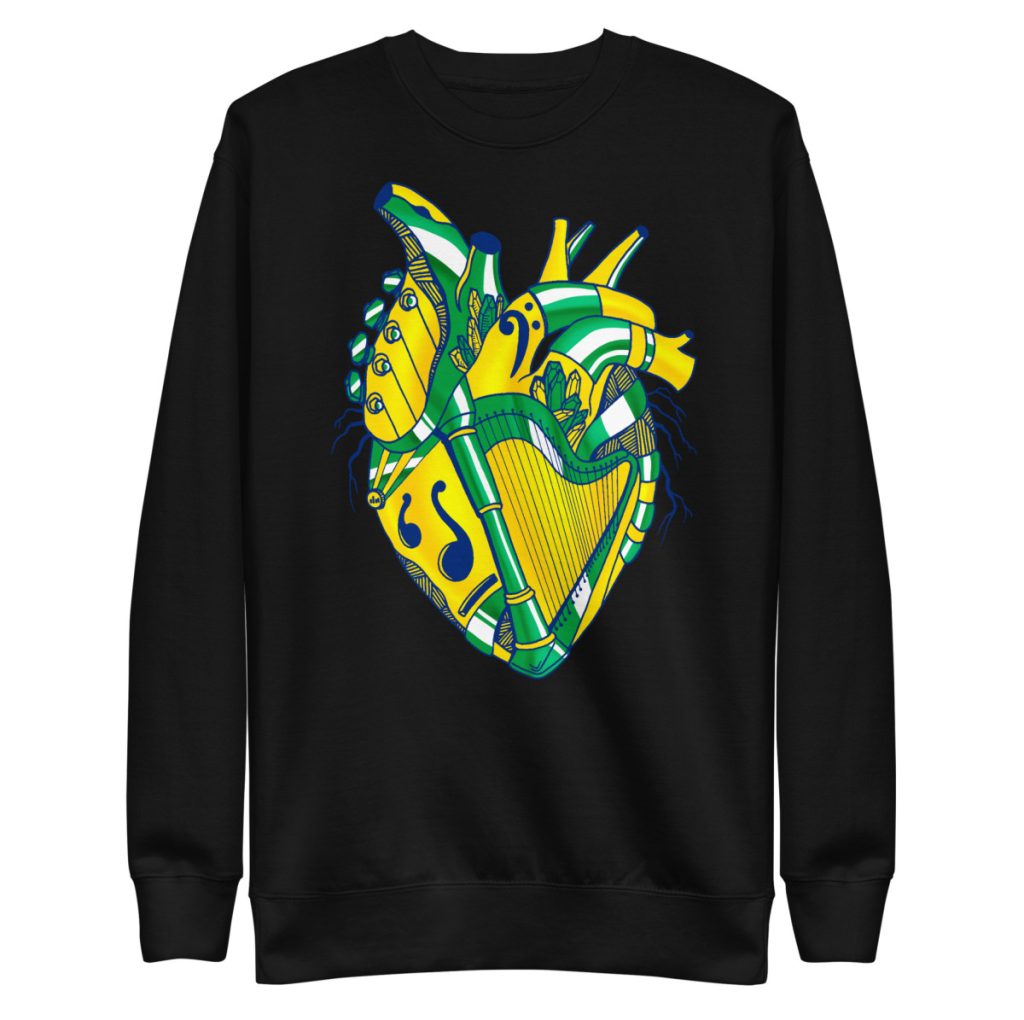 Brazil-themed crewneck sweatshirt showcasing vibrant musical instrument art in heart form