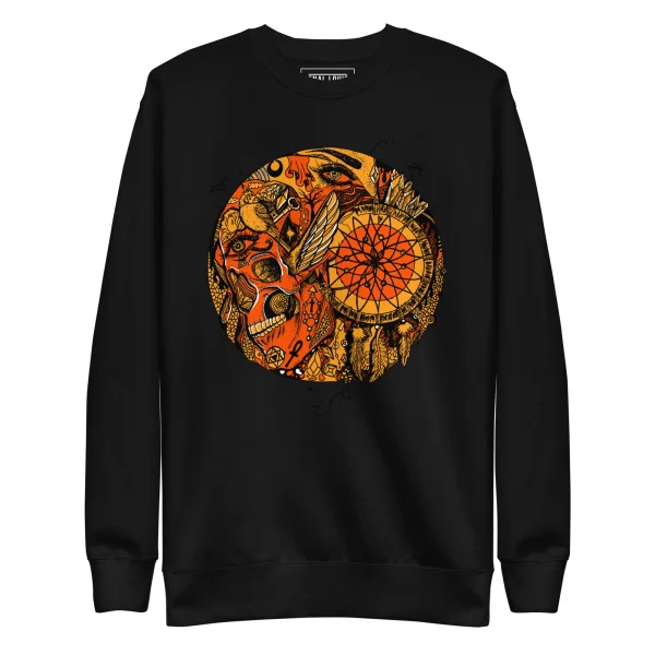 Black mystical skull sweatshirt featuring an intricate orange and gold skull design with dreamcatcher and ornamental details