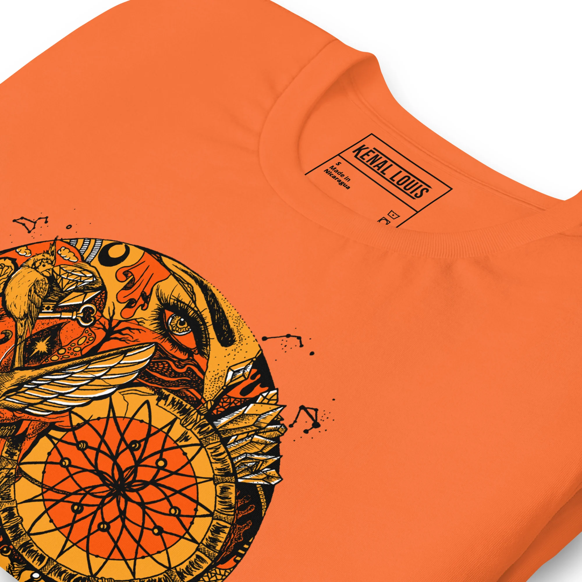 Orange mystical skull t-shirt with intricate black and gold skull graphic design on front