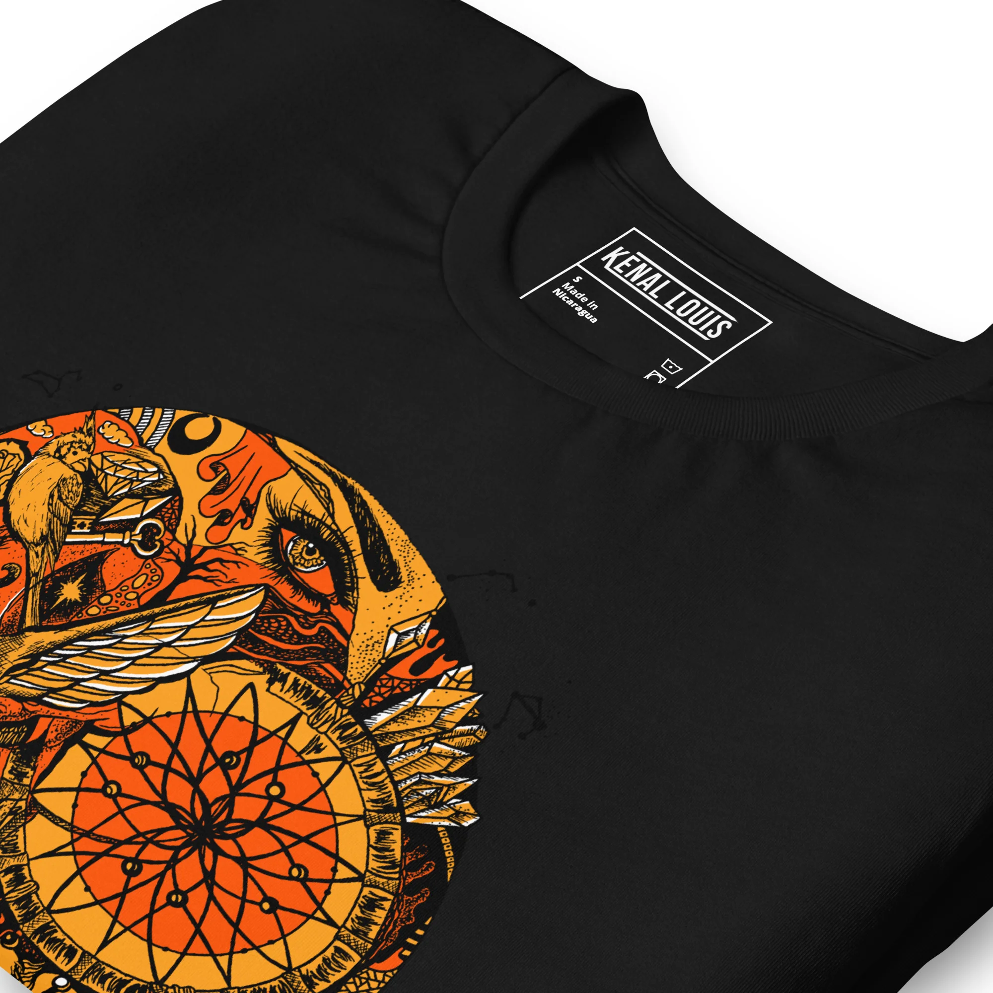 Black mystical skull t-shirt featuring bold orange and yellow gothic graphic design with intricate patterns