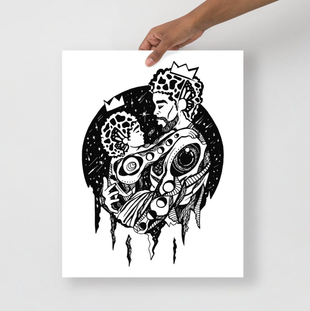 Father and son in natural hair art with flowing star-inspired line drawing