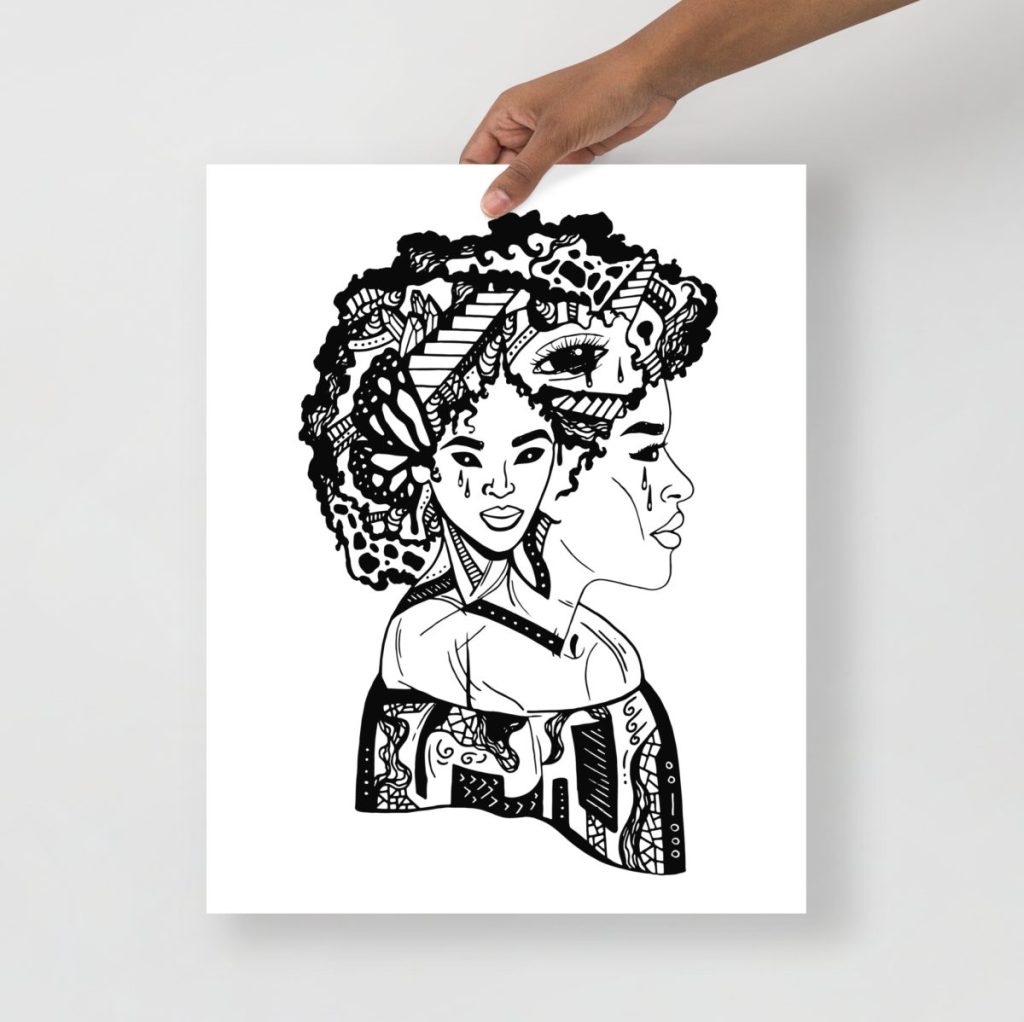 Contemplative figure with natural hair gazing beyond in an escape-themed print