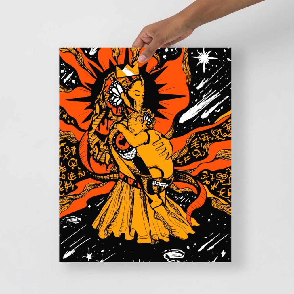 Bold black and orange new mom pregnancy art print with striking moon mother design