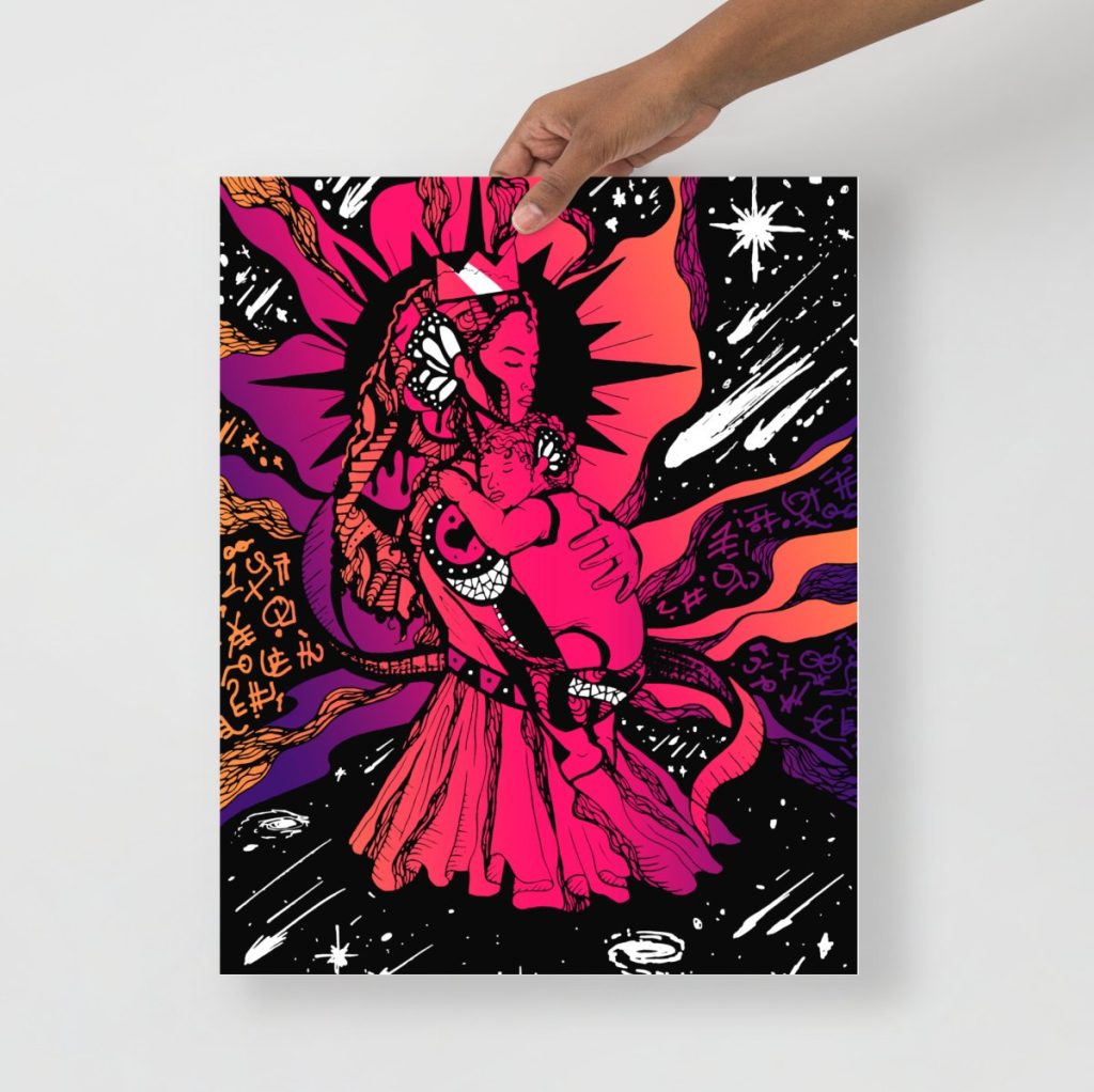 Warm sunset tones highlight this new mom pregnancy art with a moon goddess figure