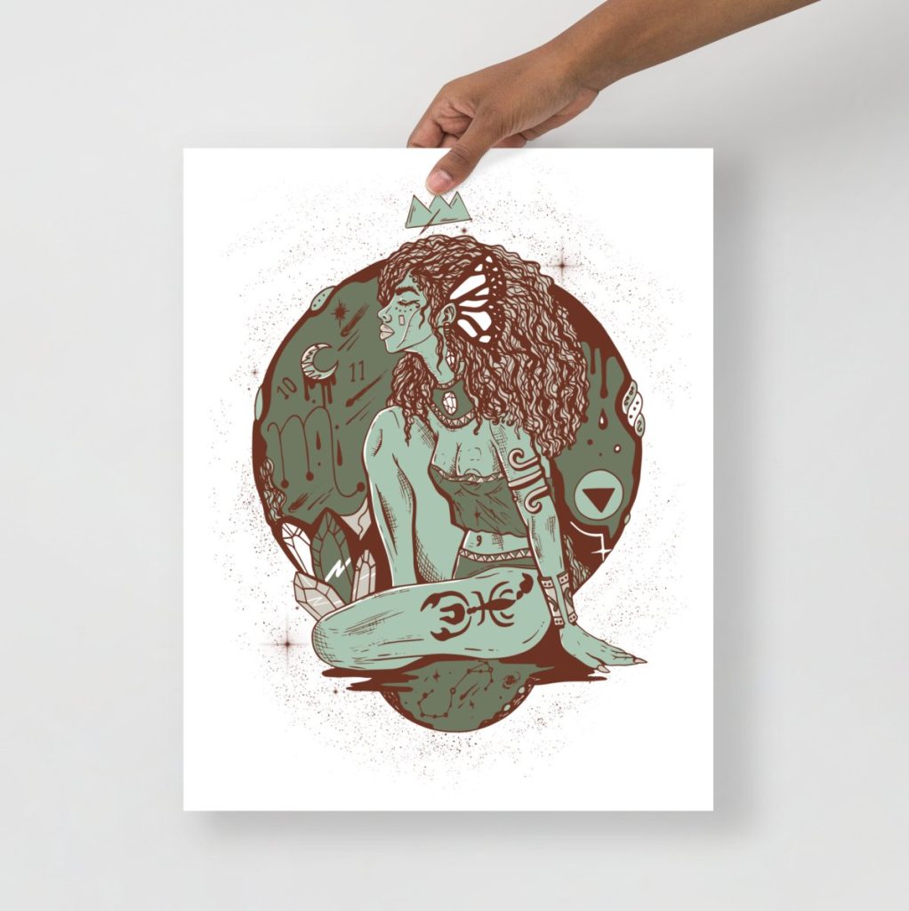 Sage green Scorpio goddess art print ideal zodiac wall decor for any space