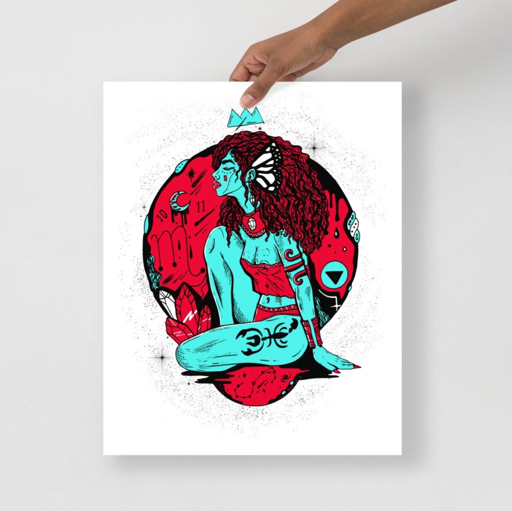 Turquoise and red Scorpio goddess print bold celestial woman wall artwork