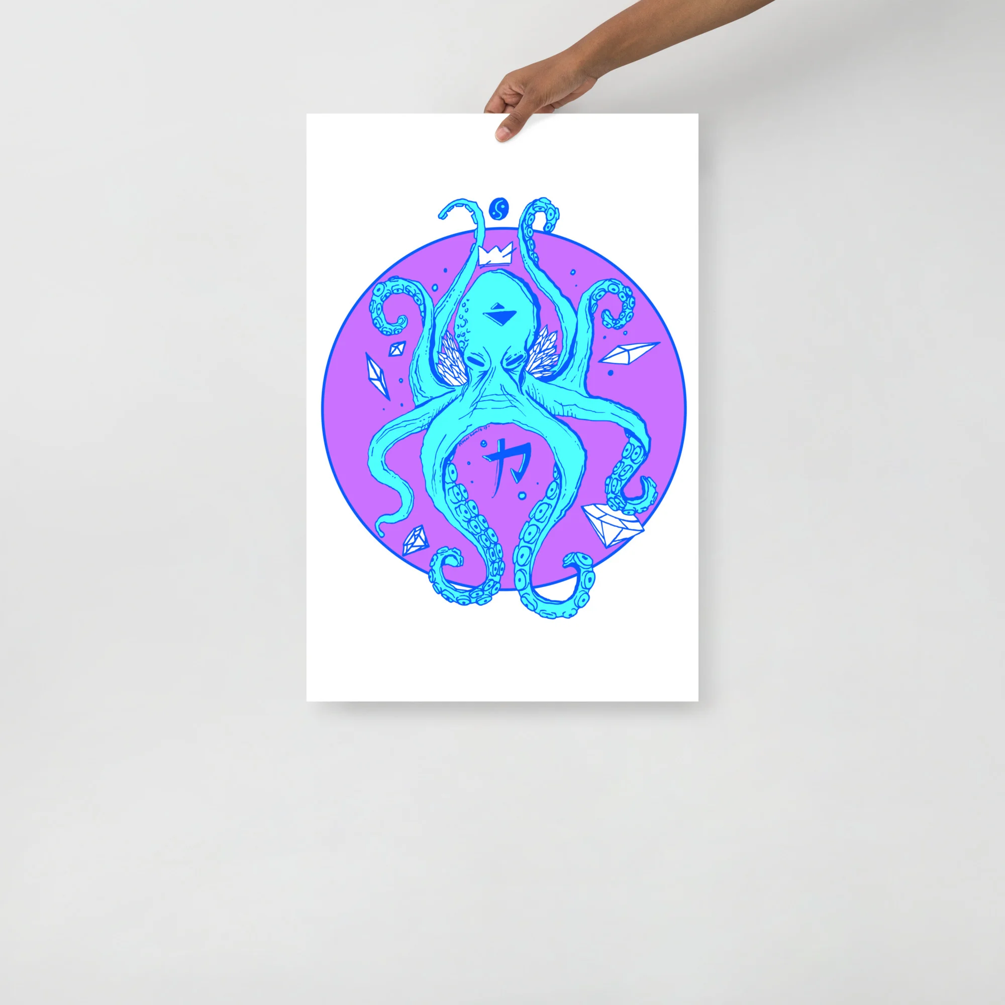 Blue crowned octopus art print with cyan tentacles and purple circular background featuring geometric space elements