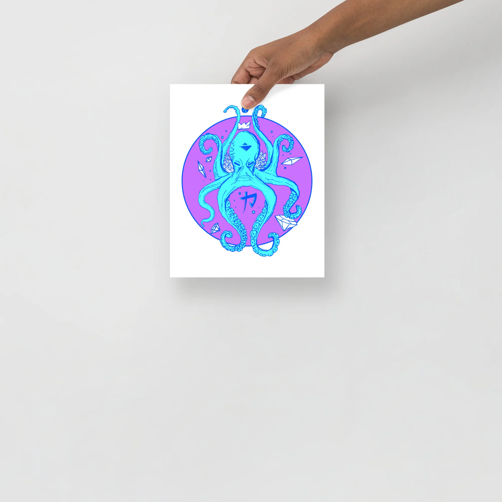 Cyan and magenta octopus art print with crown held in hand, featuring intricate tentacle details