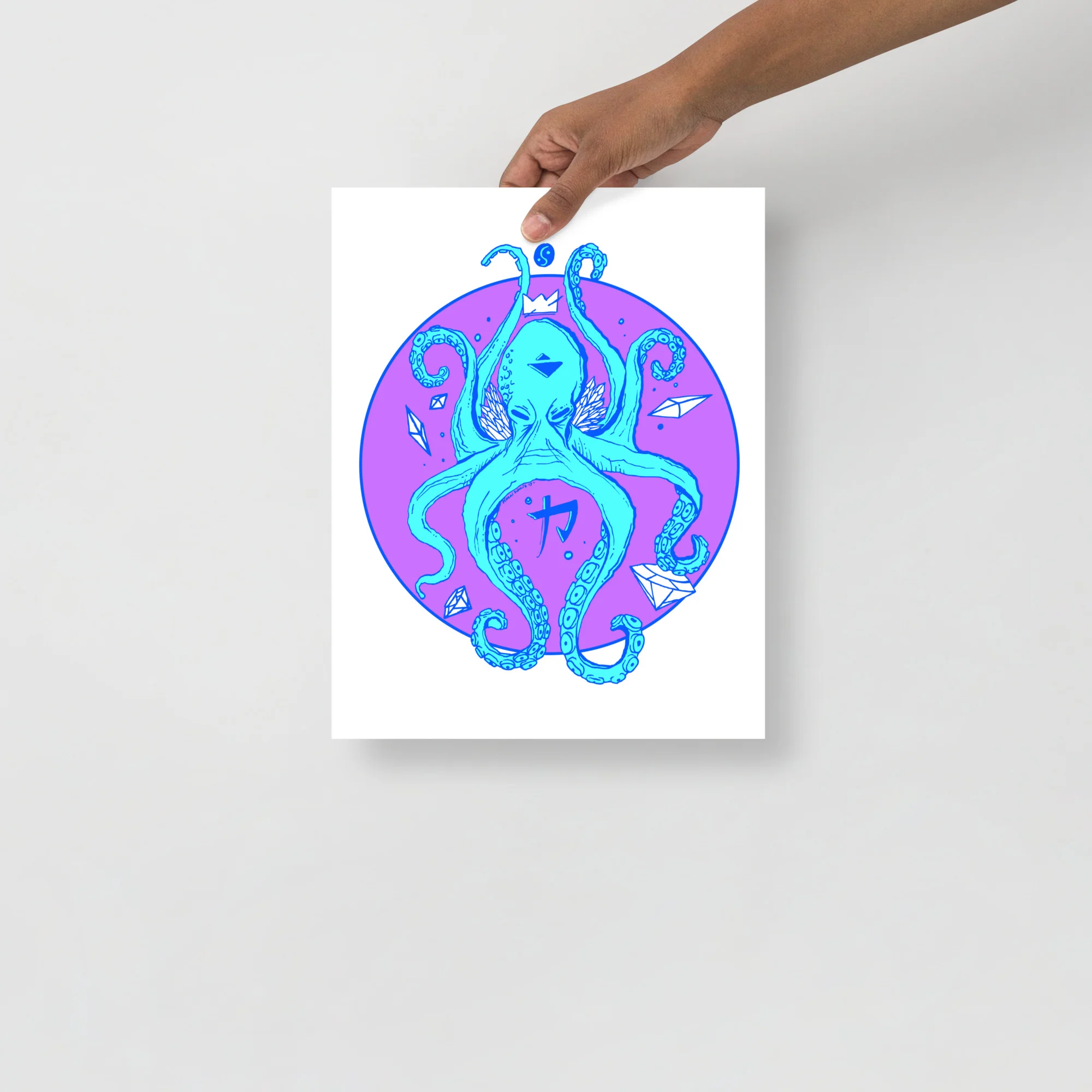 Vibrant octopus art print featuring a cyan crowned octopus on magenta circular background with geometric accents.