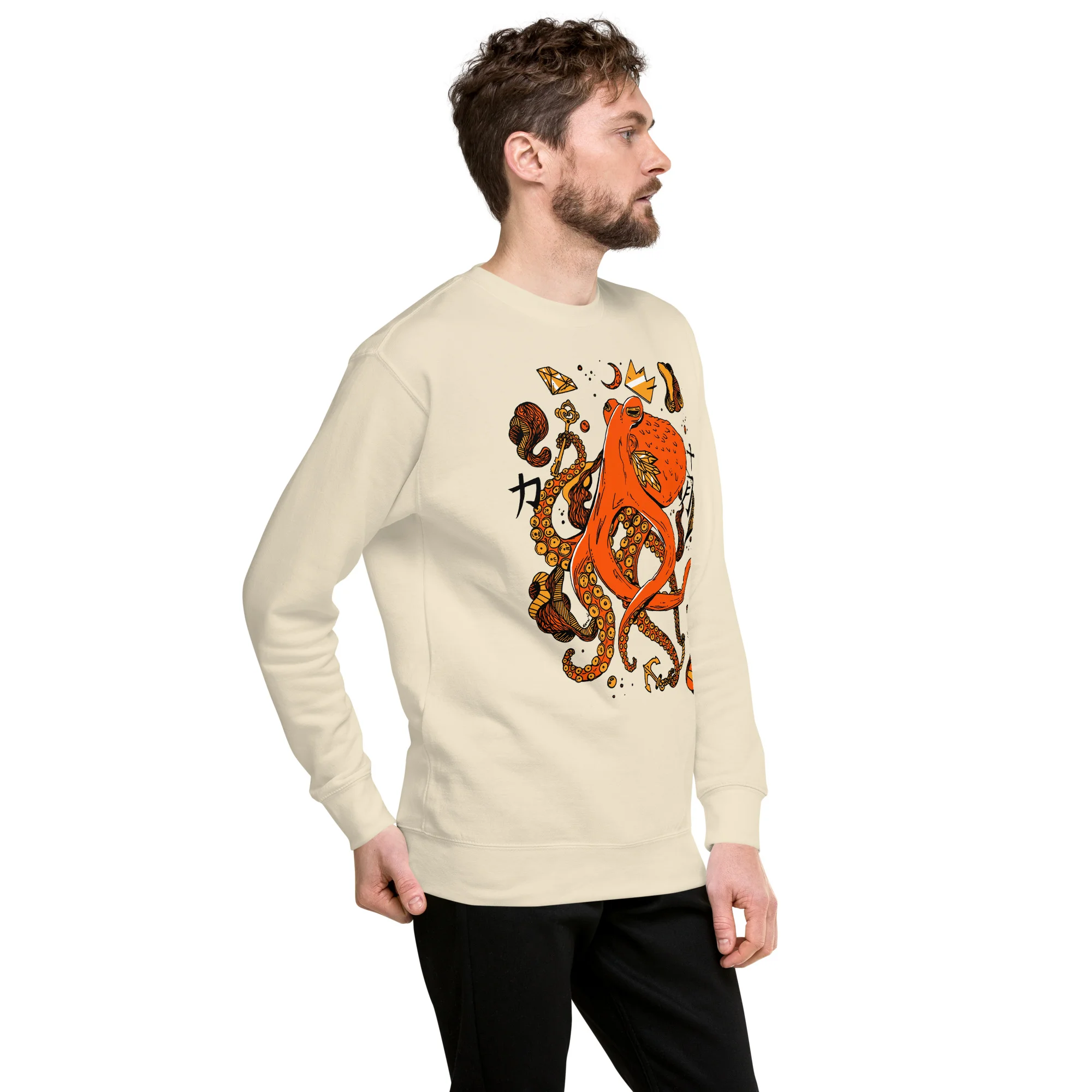 Cream octopus sweatshirt with orange and black design shown from the side on a model