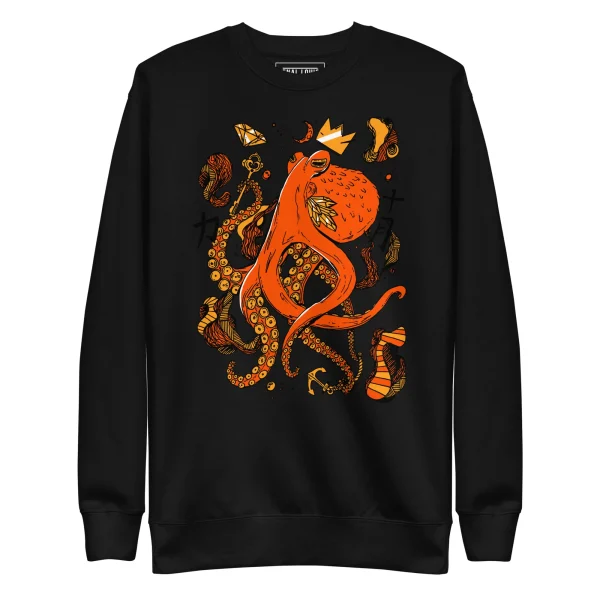 Black octopus sweatshirt featuring a striking orange and gold tentacled design with abstract detailing and crown imagery