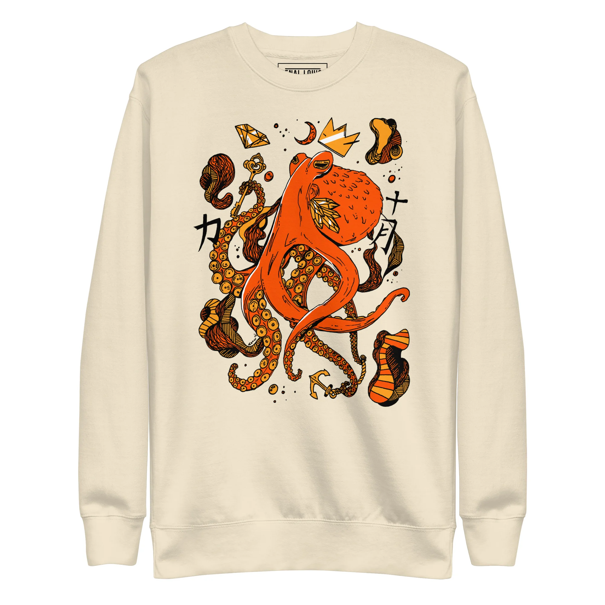 Cream colored octopus sweatshirt featuring a mystical orange and black tentacled design with decorative elements