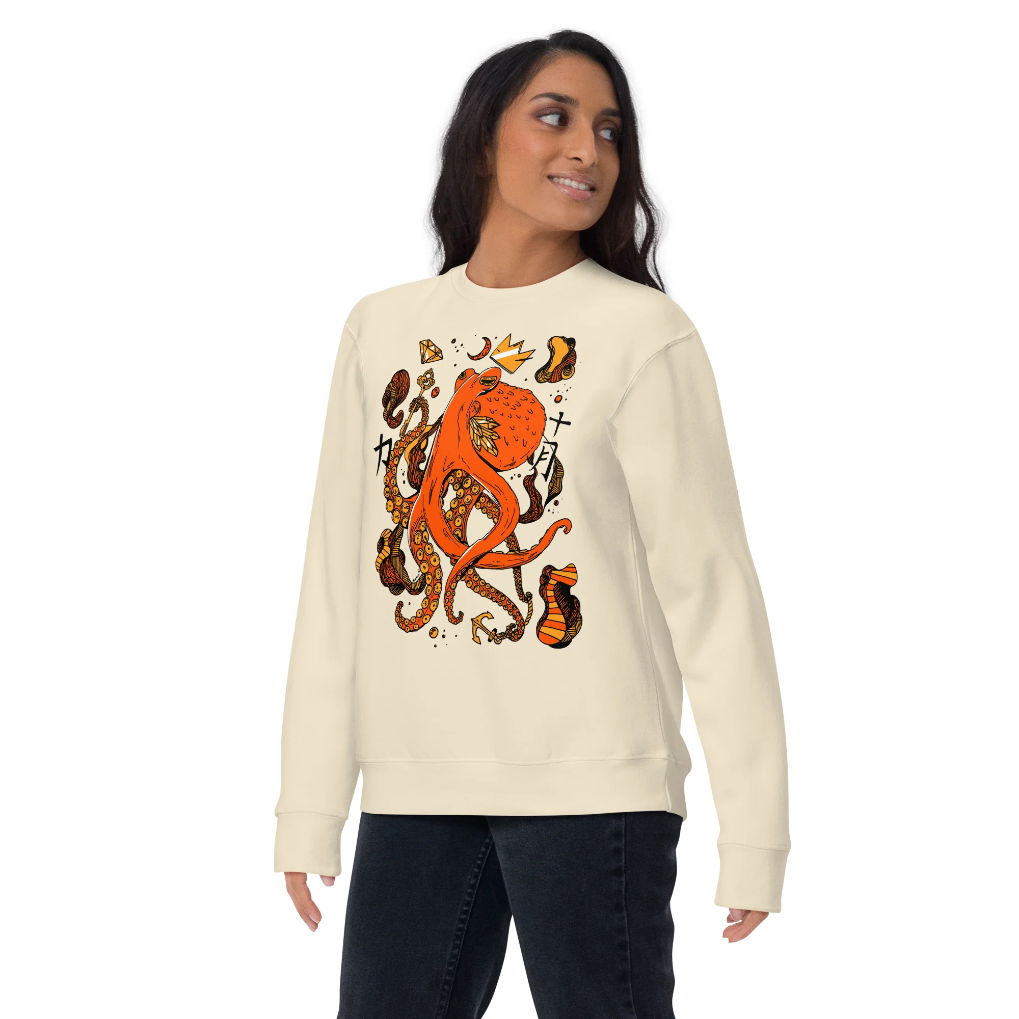 Woman wearing cream octopus sweatshirt with orange and black mystical design, front view