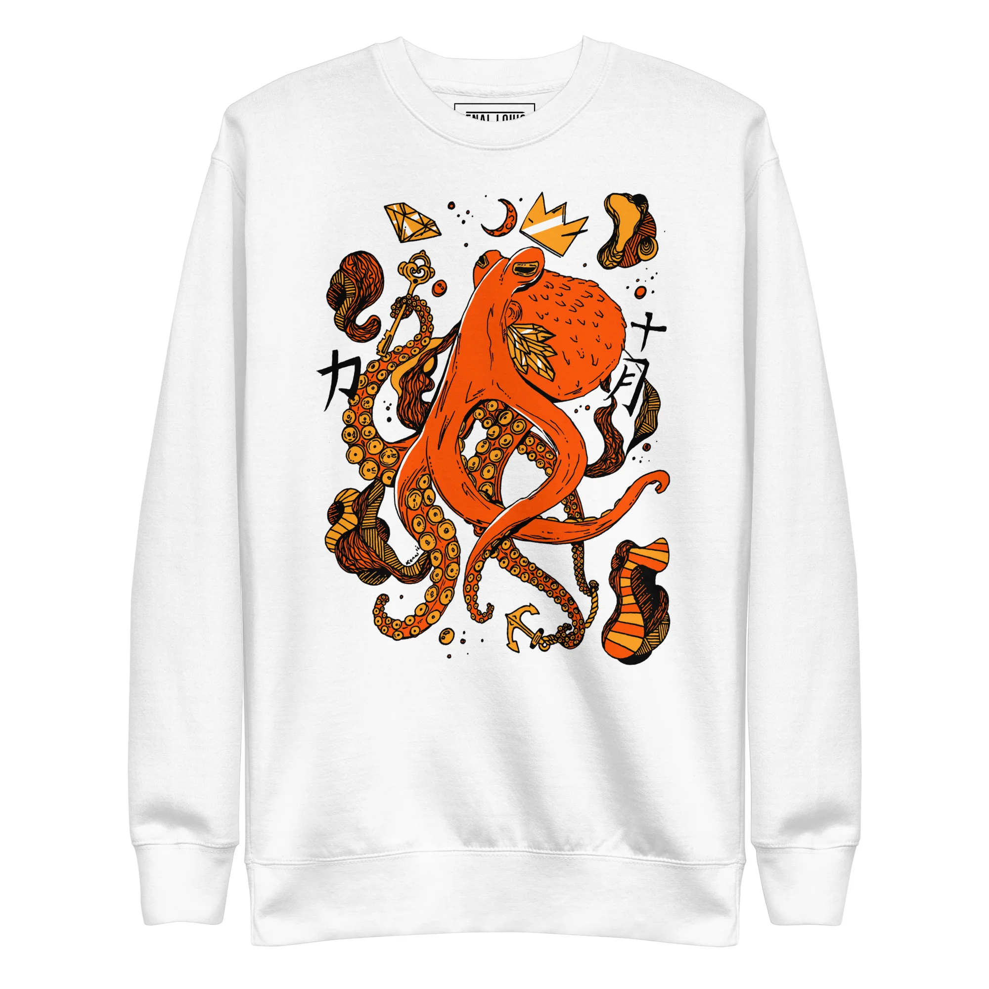 White octopus sweatshirt featuring a striking orange and black mystical design with detailed tentacles and ornamental elements