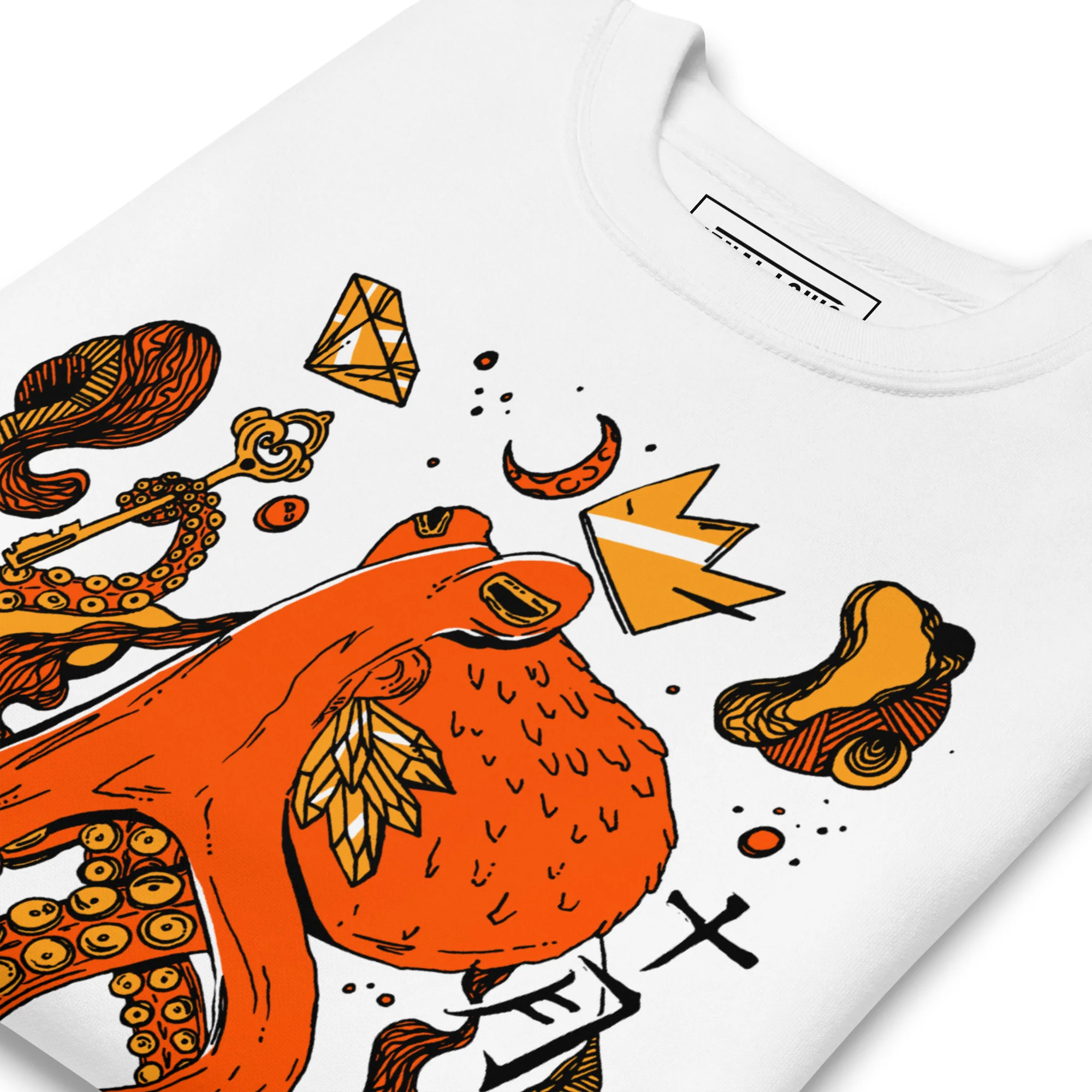 White crew neck octopus sweatshirt featuring orange and black mystical design with tentacles and geometric elements