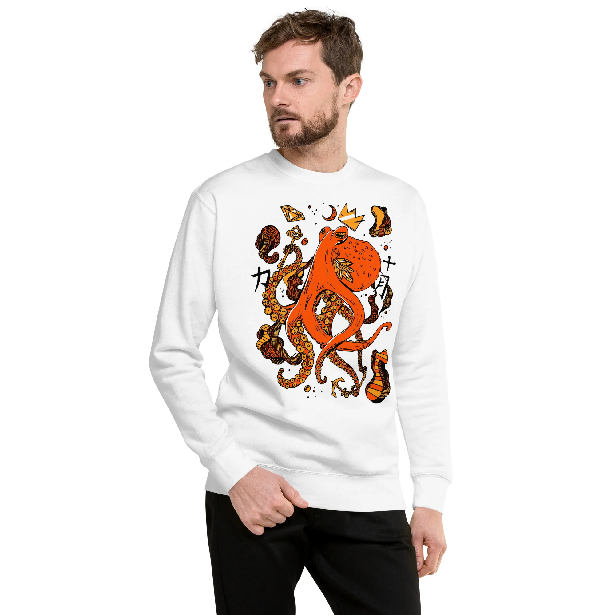 Man wearing white octopus sweatshirt with orange and black detailed design, crew neck style
