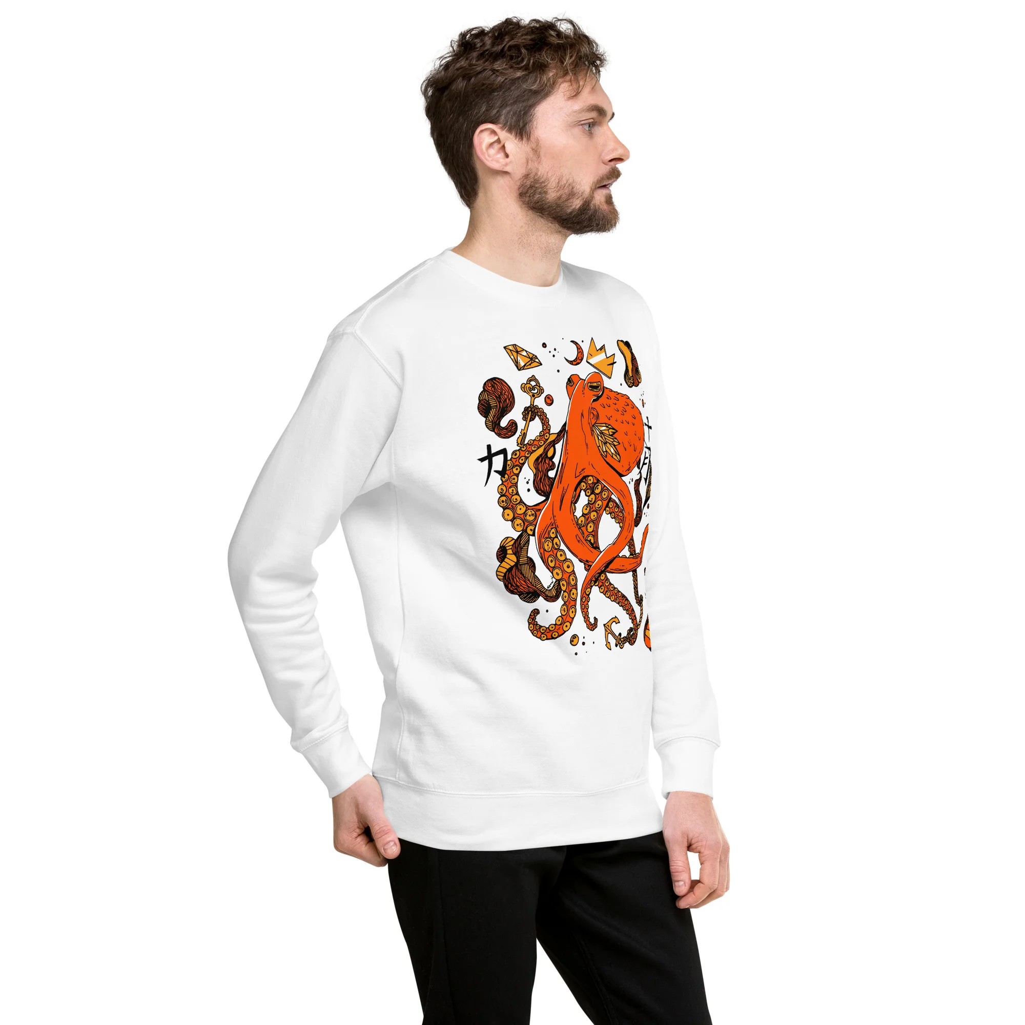 White octopus sweatshirt with orange and black mystical design, shown on model from side profile