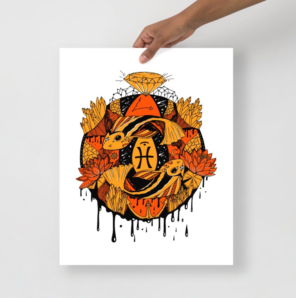 Fluid Pisces fish in mystical motion depicted on an orange and black art print