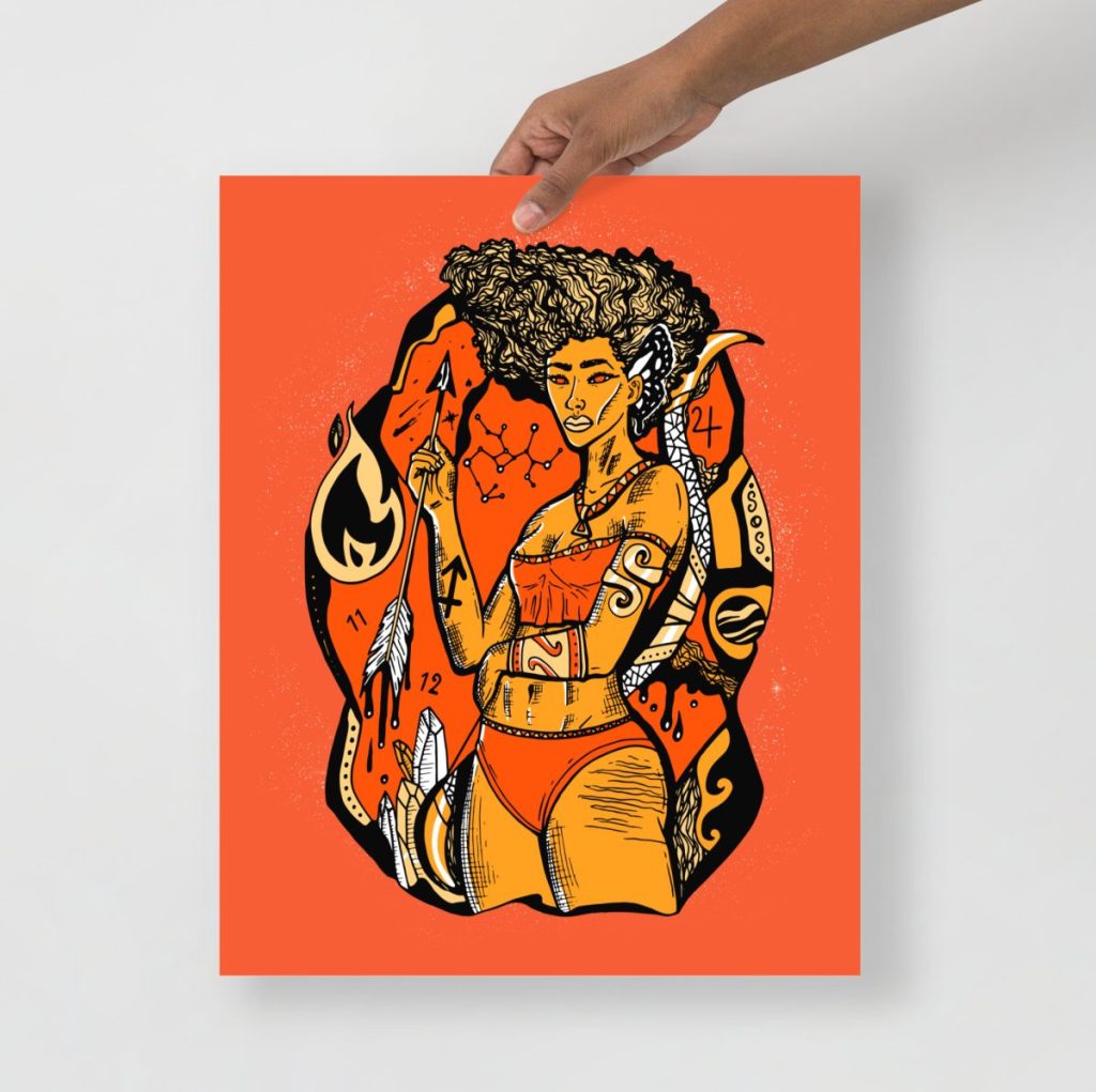 Sagittarius archer goddess rendered in striking black and orange art print style