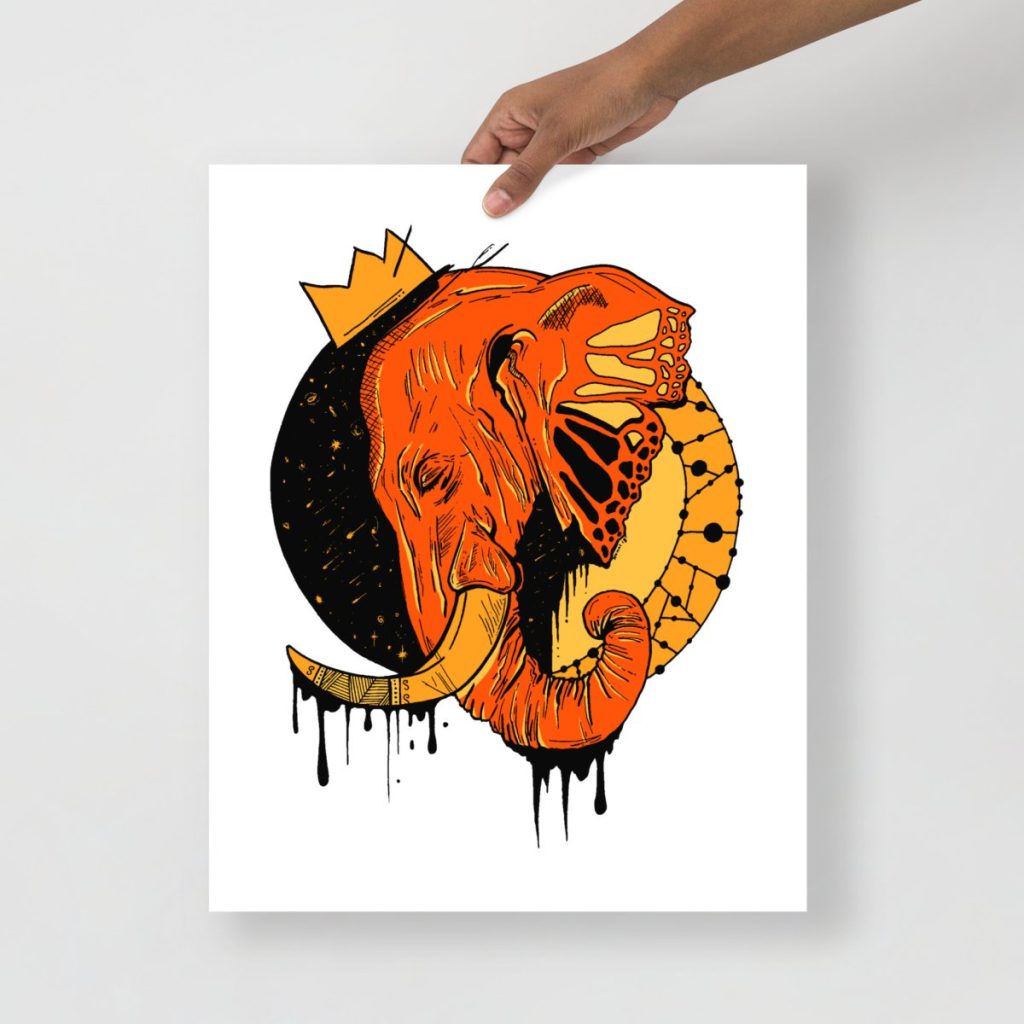 Majestic royal elephant adorned with decorative patterns in warm orange wall art