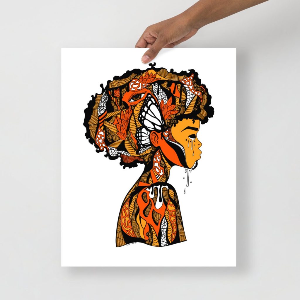 Afrocentric woman with flowing natural hair in vibrant orange and black art print