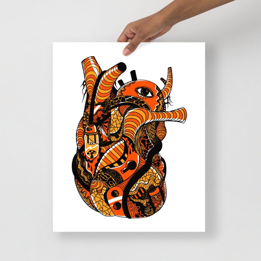 Detailed anatomical heart illustration showcased as striking orange and black wall art