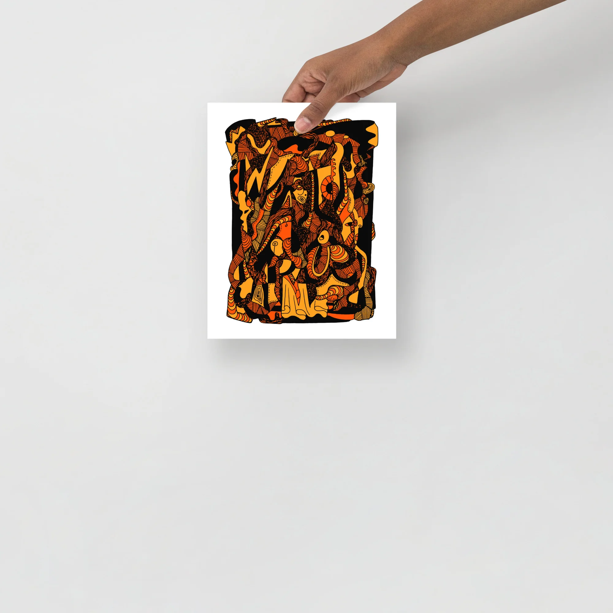 Orange and black abstract art print featuring intricate wave patterns with fluid line work and high-contrast pen-and-ink details.