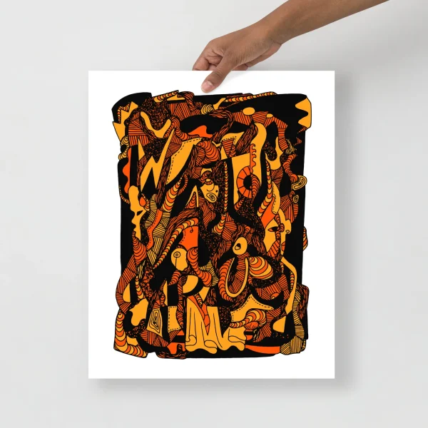 Orange and black abstract art print featuring flowing wave patterns with intricate pen-and-ink linework design