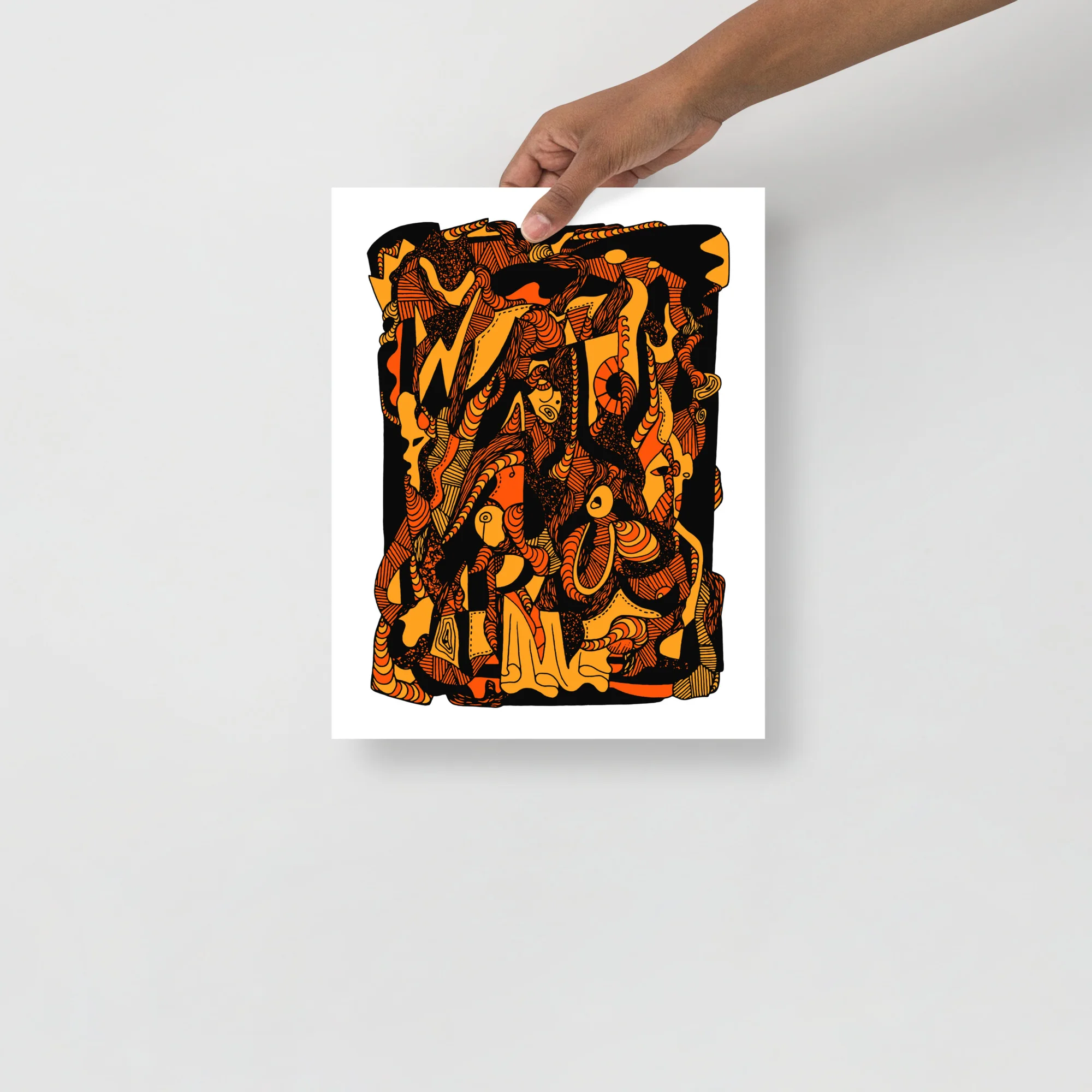 Orange and black abstract art print featuring intricate wave-like patterns and bold line work in a rectangular composition