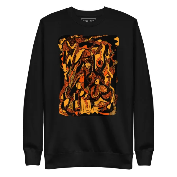 Black crewneck sweatshirt featuring orange and black abstract wave design with intricate flowing patterns