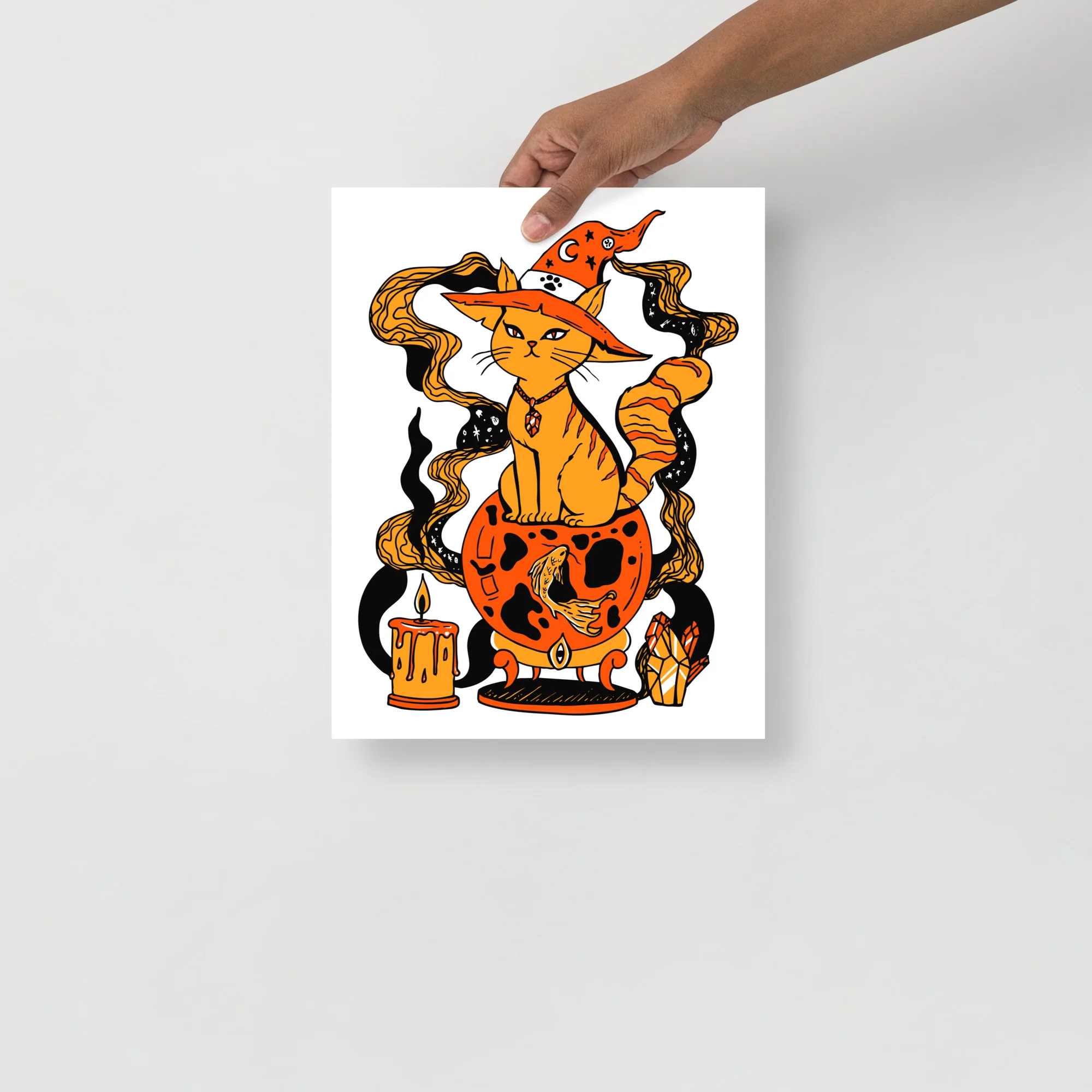 Orange cat art print featuring a magical fortune-bearing feline with swirling golden hair and mystical elements