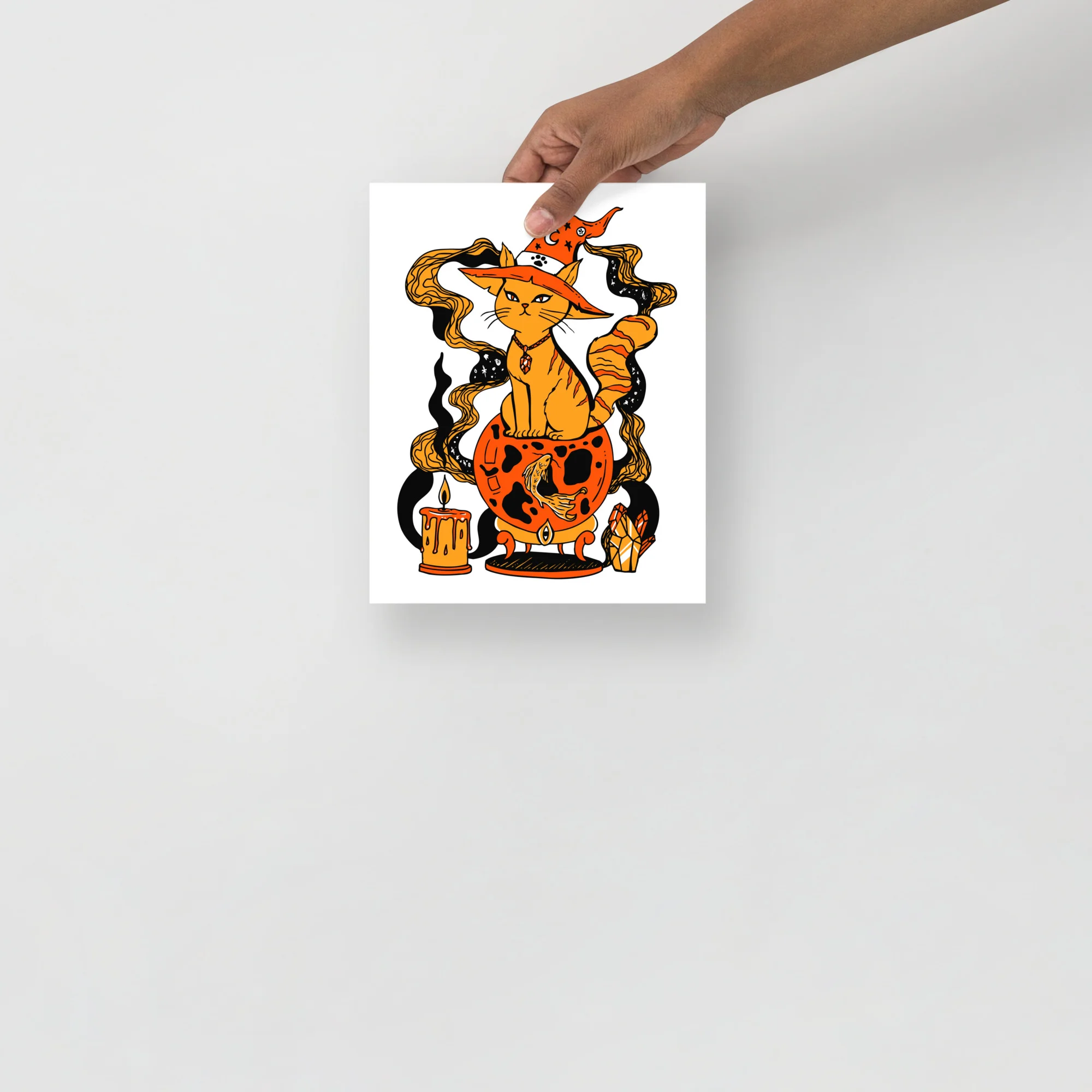 Orange cat art print featuring a whimsical fortune cat with magical elements, holding serpents and surrounded by mystical symbols.