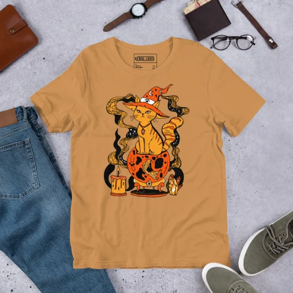 Orange cat t-shirt in toast color featuring a magical fortune cat design with witch hat and crystal ball