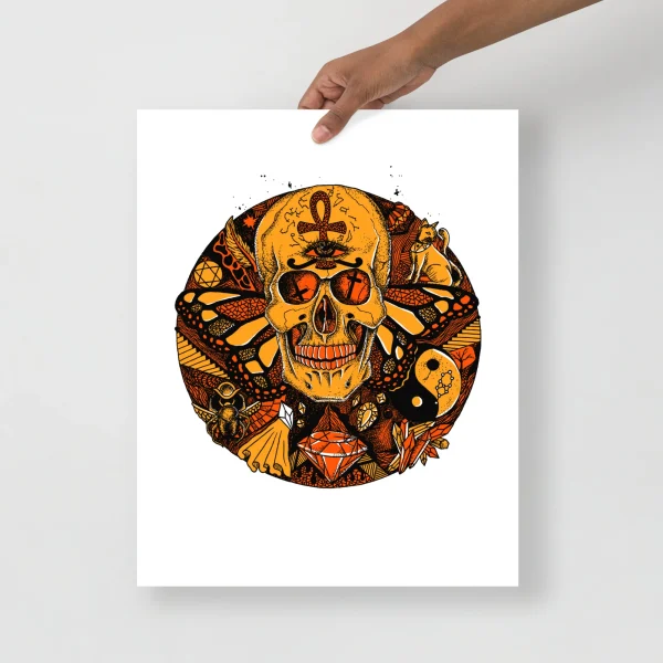 Orange and black skull illustration with occult symbols and butterfly wing details in a circular composition on white background.