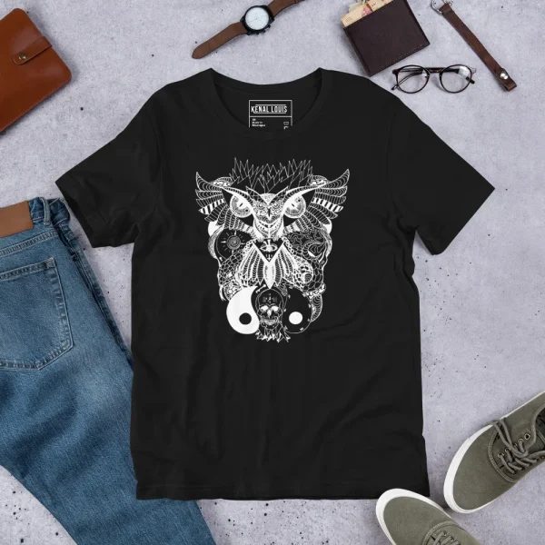 Black owl and skull t-shirt featuring intricate white line art design with mystical symbolism