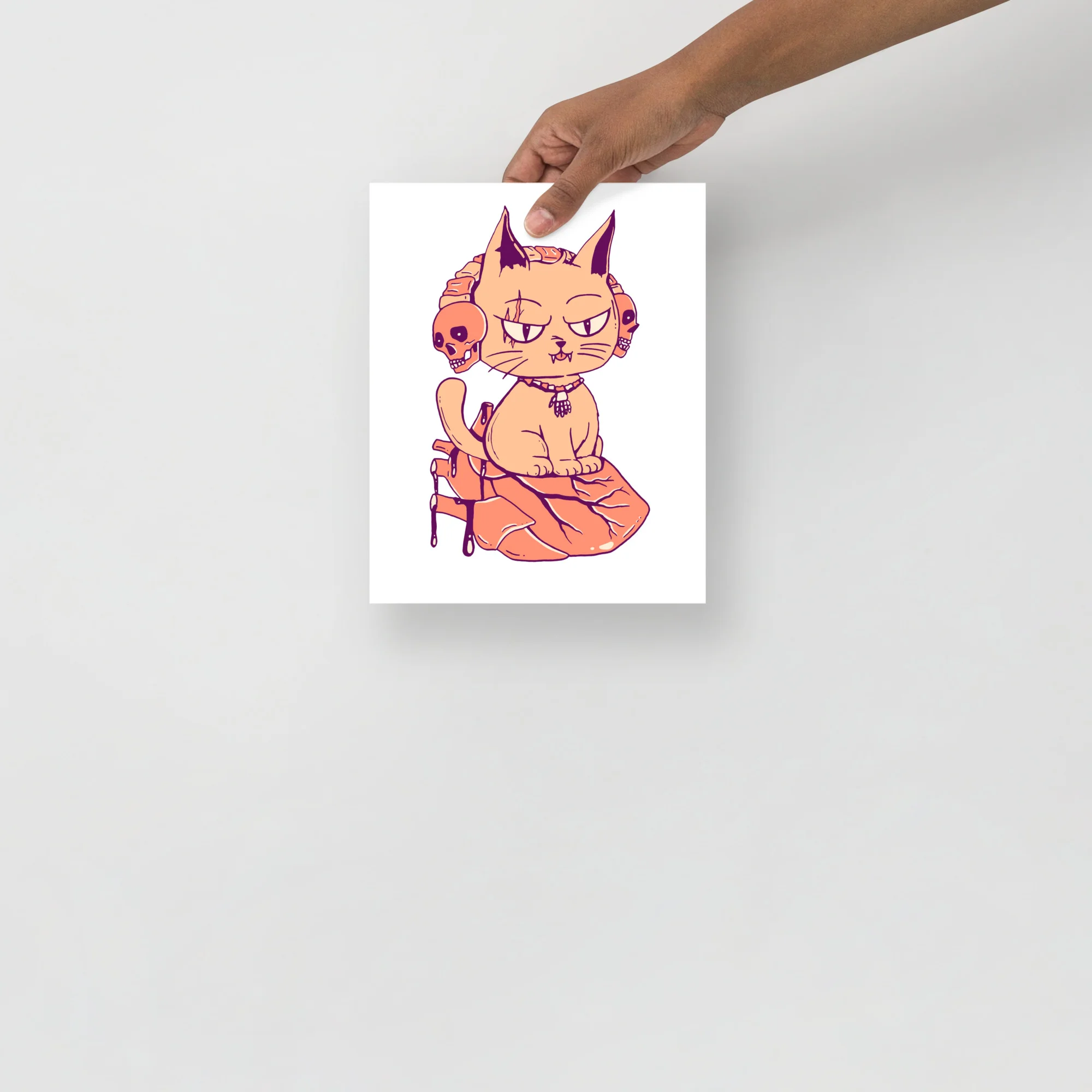 Peach cat art print featuring a wicked feline with purple accents perched on a soft heart motif