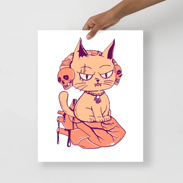 Whimsical peach cat art print featuring a mischievous feline with purple accents perched on a heart