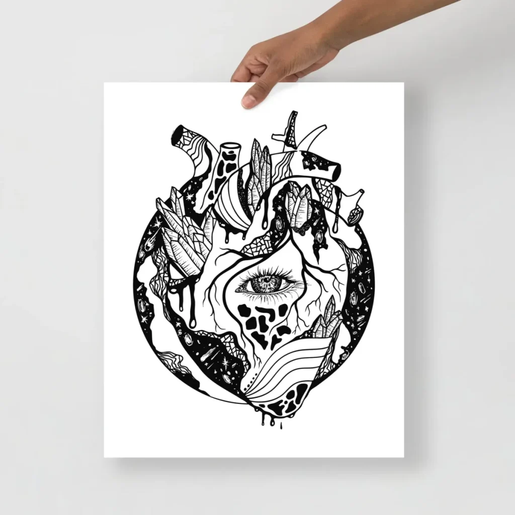 Anatomical heart bursting with cosmic swirls in detailed pen and ink art print