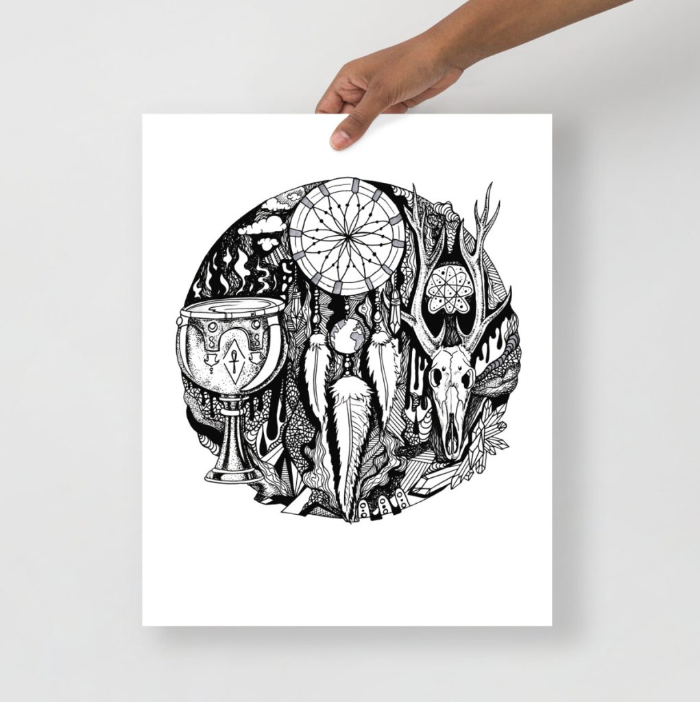 Intricate dreamcatcher surrounded by desert landscape rendered in expressive ink drawing style