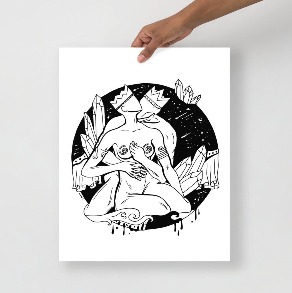 Two cosmic lovers embracing among stars in romantic pen and ink wall art