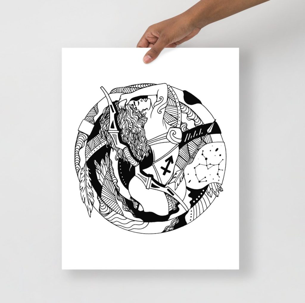 Celestial Sagittarius woman archer surrounded by zodiac stars and constellations