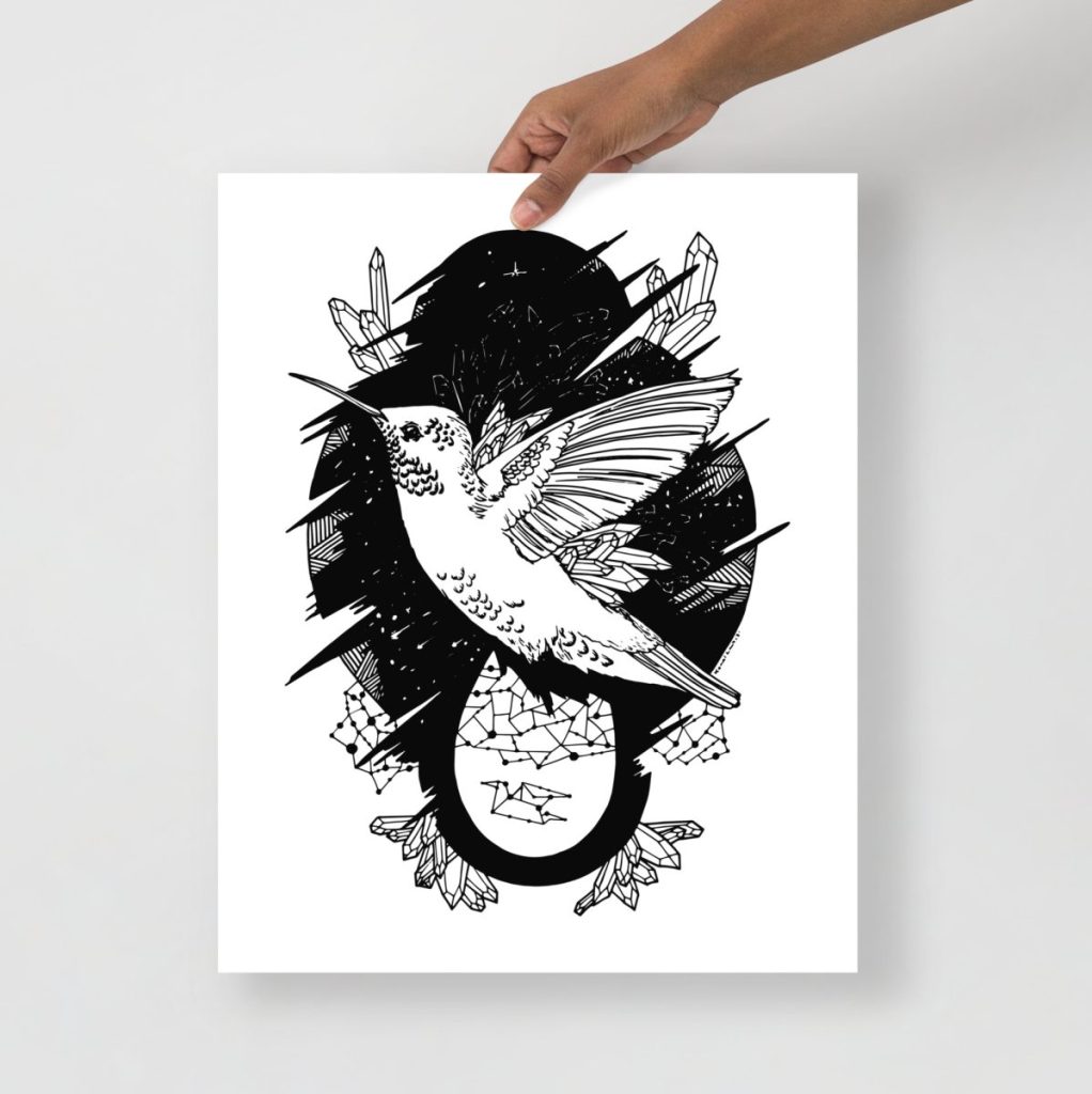 Delicate black and white hummingbird line art on clean white background