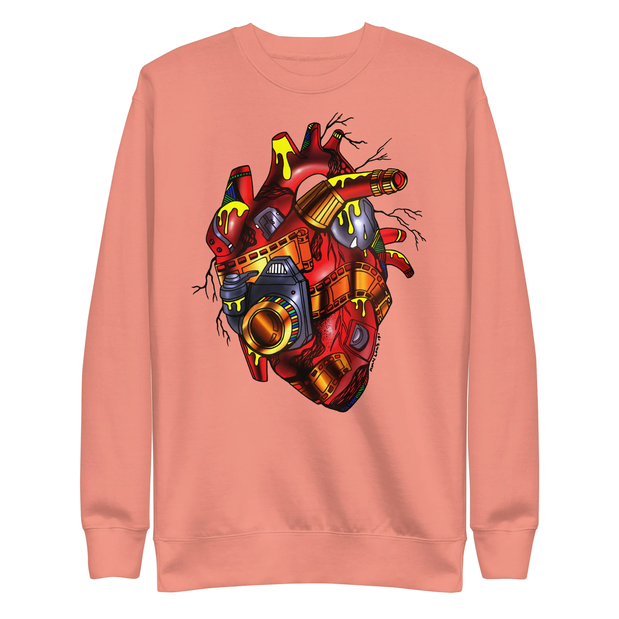Dusty rose photographer sweatshirt featuring a mechanical heart design with red, yellow, and gold steampunk details