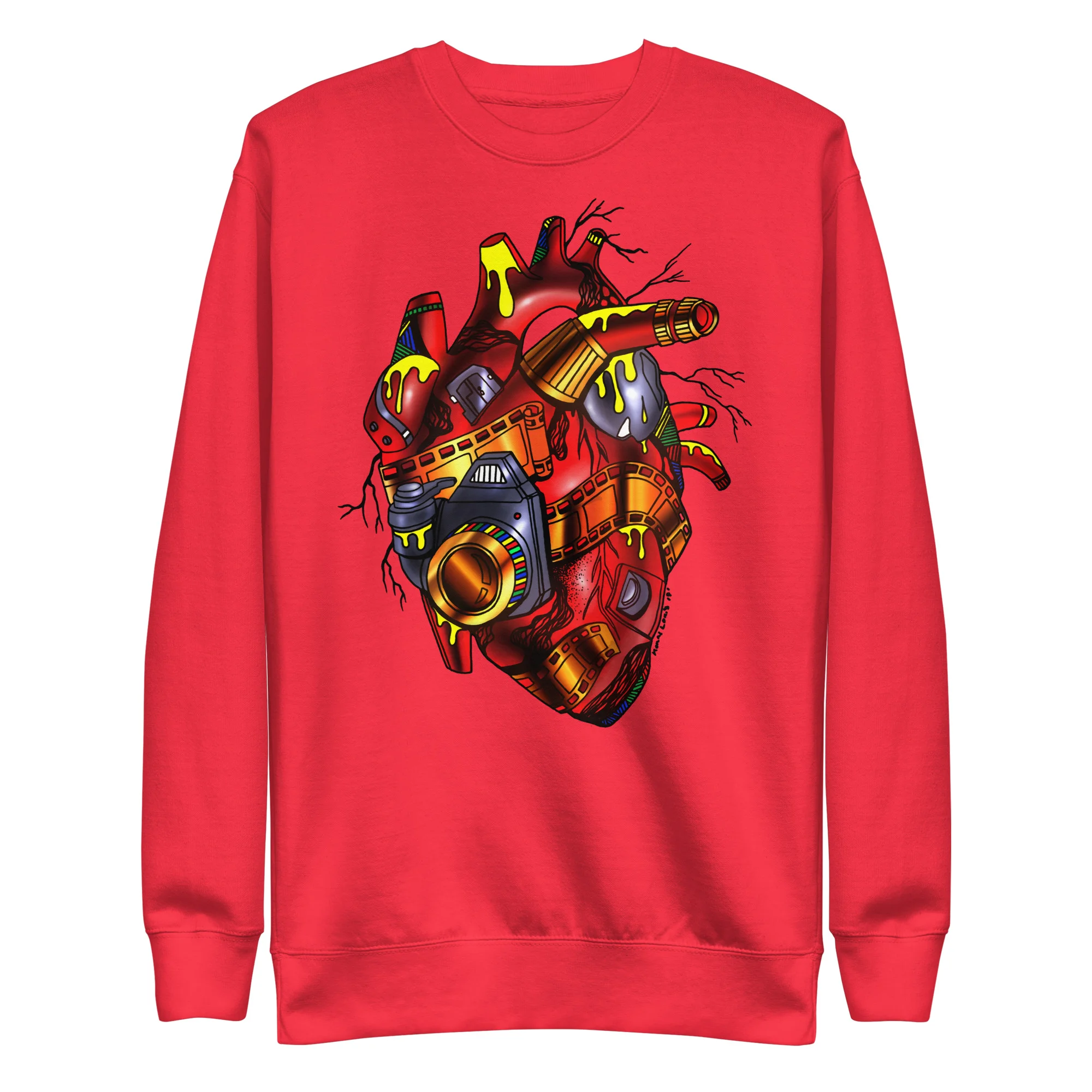 Red photographer sweatshirt featuring a colorful mechanical heart design with yellow and gold accents