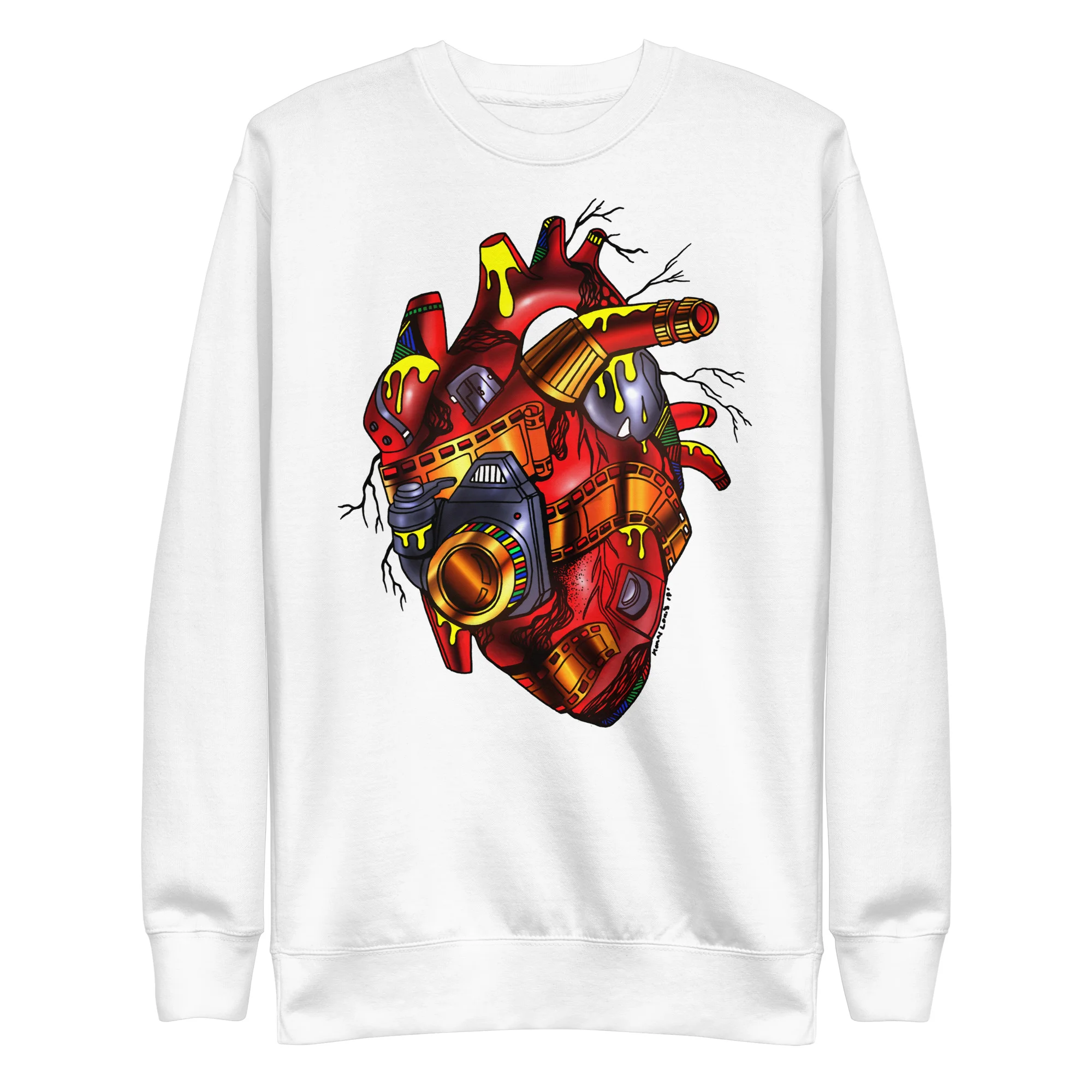 White photographer sweatshirt featuring a red mechanical heart design with steampunk camera elements and yellow accents