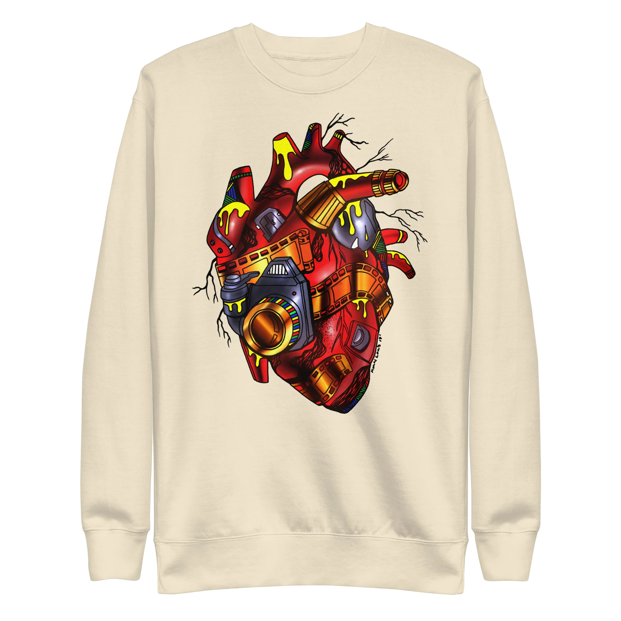 Cream photographer sweatshirt featuring a red mechanical heart design with gold accents and camera elements