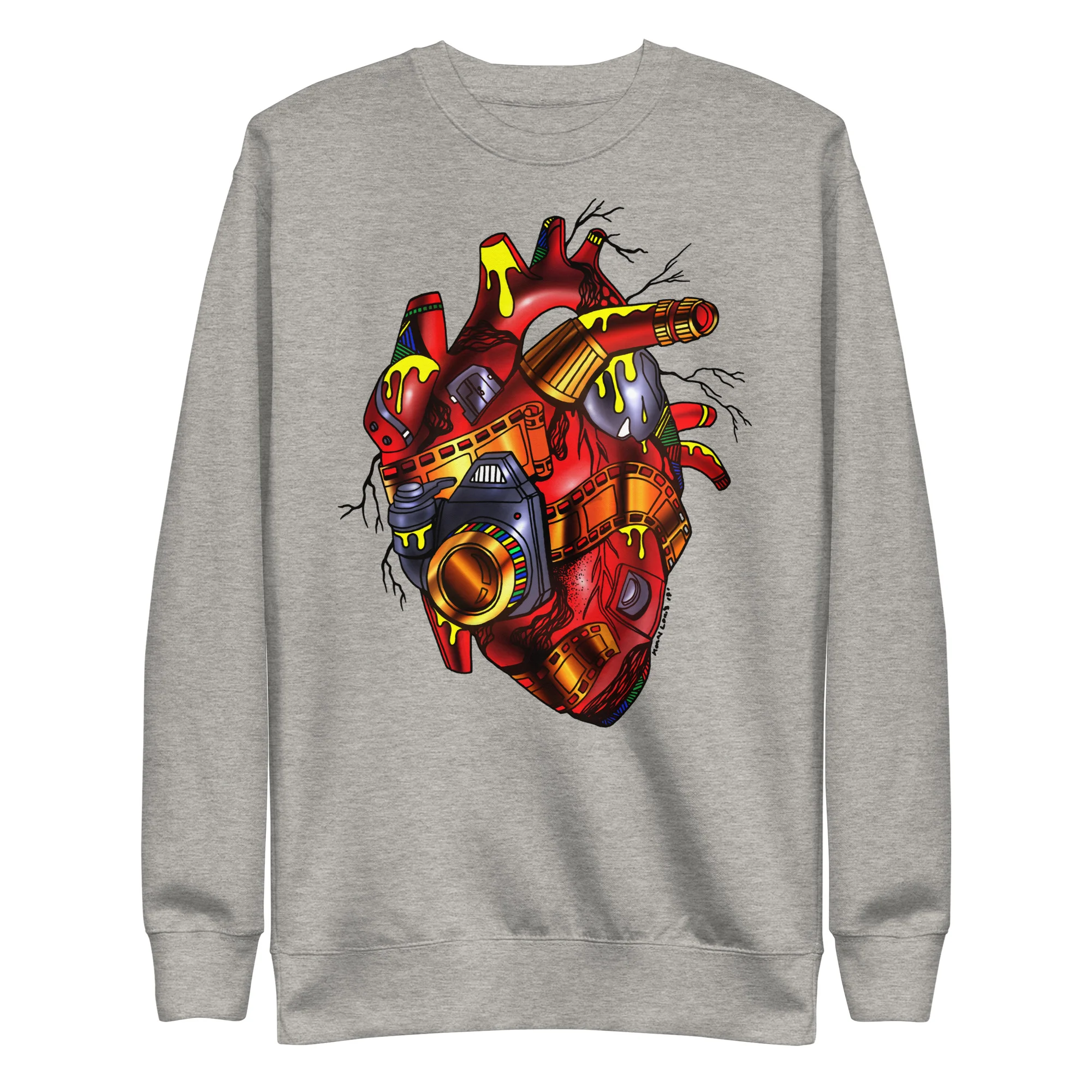 Gray photographer sweatshirt featuring a red and gold mechanical heart design with camera elements