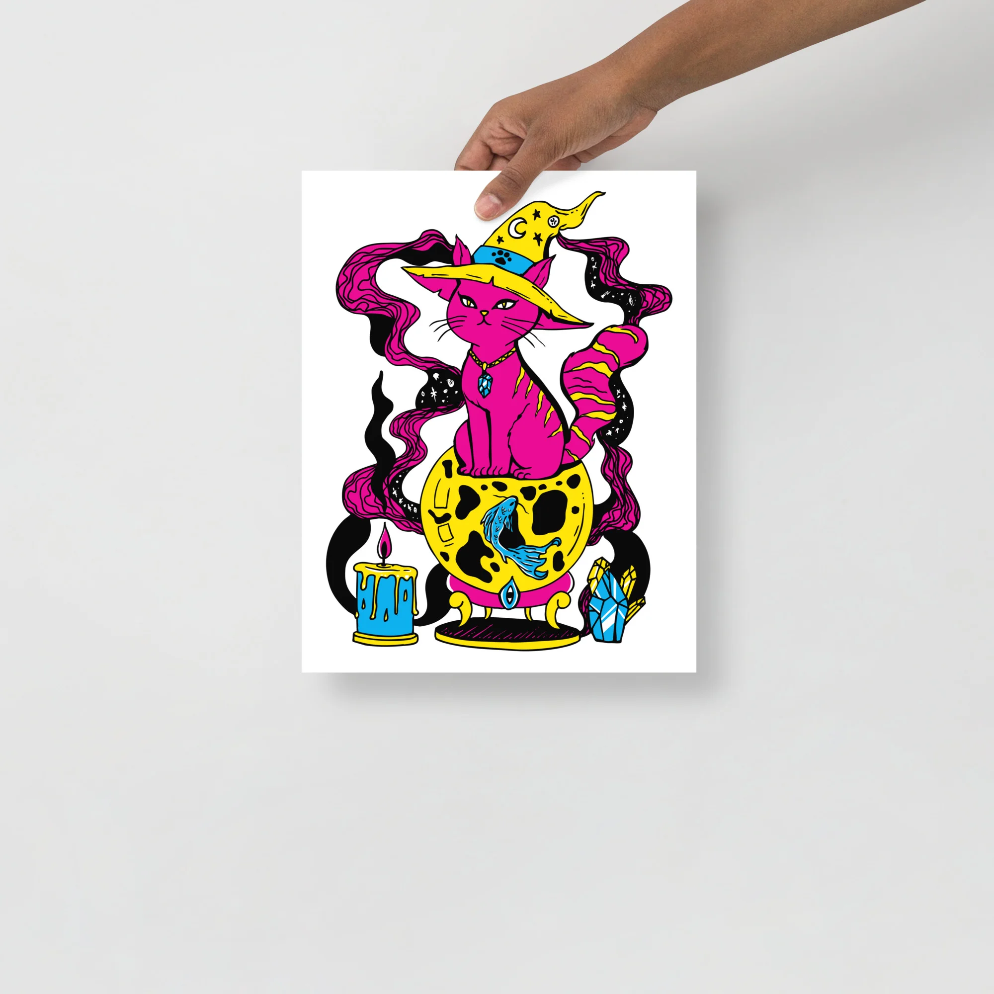 Pink cat art print featuring a magical fortune cat wearing a wizard hat and mystical robes with vibrant CMYK colors